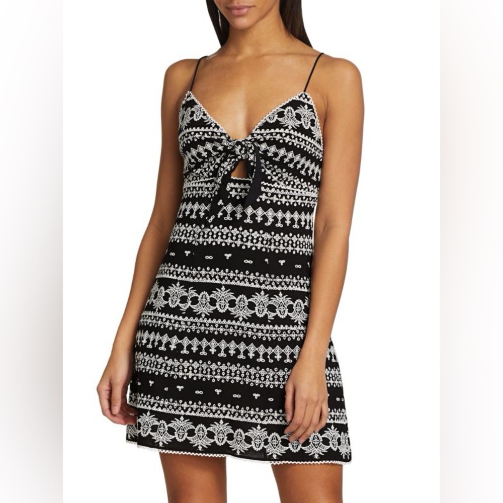 ALICE + OLIVIA Roe Embroidered Tie Front Mini Dress in Black/Off-White